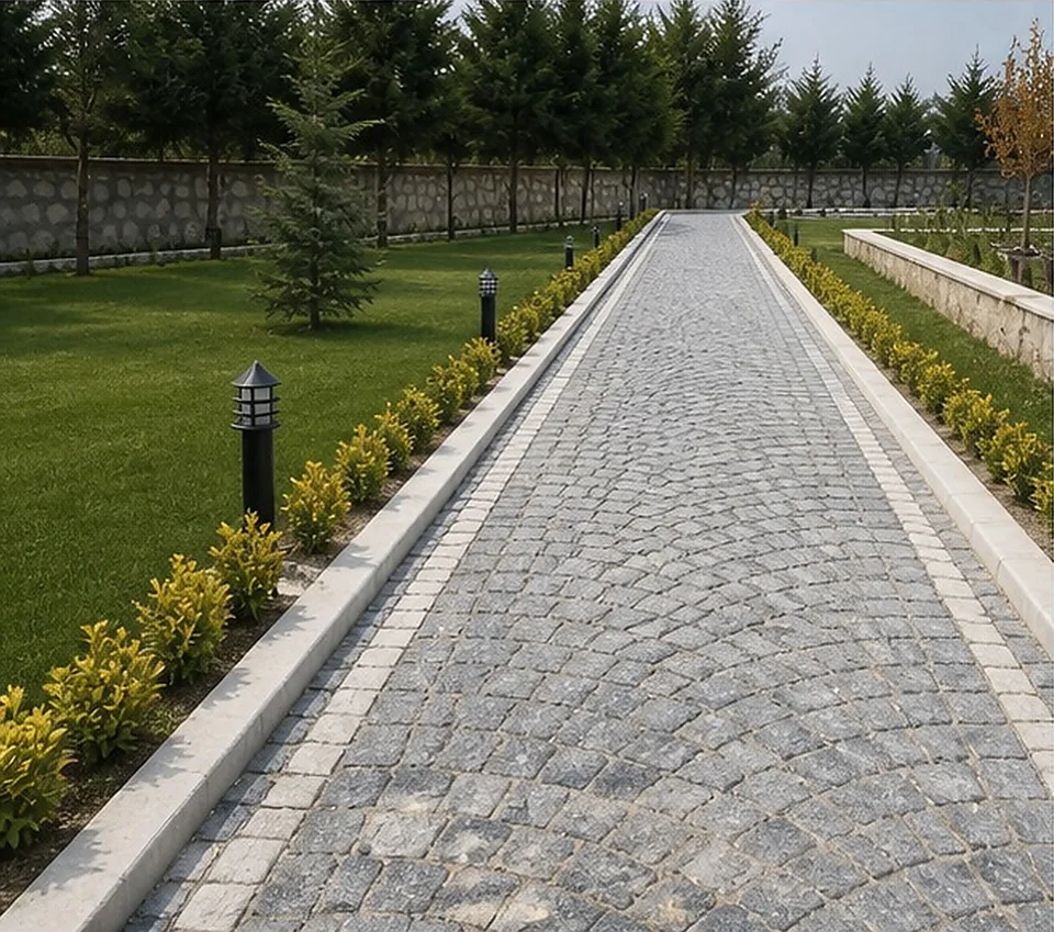 Çatalca Kabakça villa bahçesinde granit küp taş yürüyüş yolu ve bahçe aydınlatması
