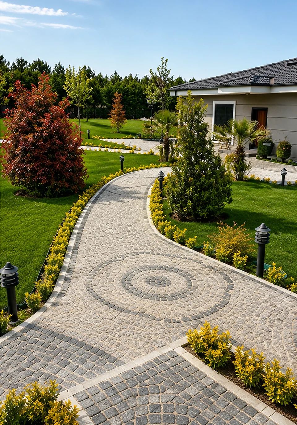 Modern villa bahçesinde mozaik desenli kıvrımlı taş yol ve çim alan