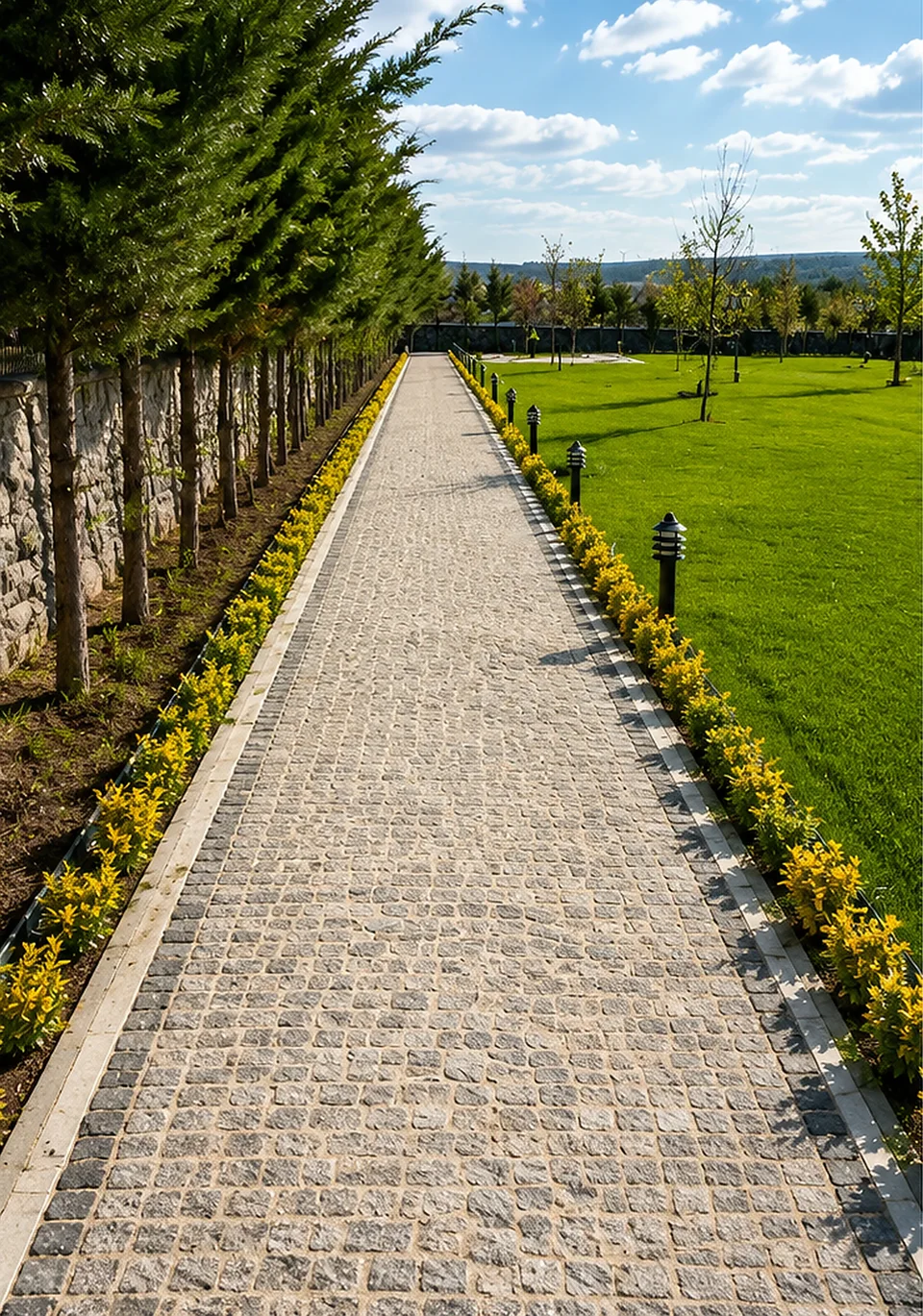 Modern villa peyzaj konseptinde ağaçlı granit küp taş yürüyüş yolu